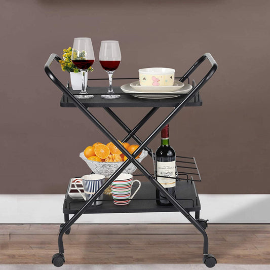 2-Tier Rolling Utility Cart With Wheels, Metal Bar Service Car With Wine Rack