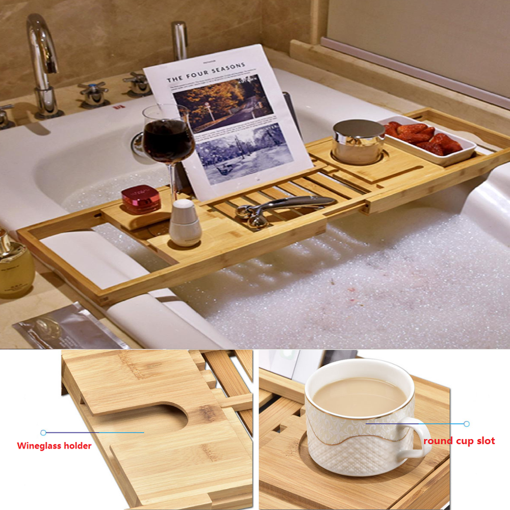 Creative Bamboo Bathtub Tray with Extending Sides Reading Rack Tablet Holder Cellphone Tray and Wine Glass Holder - Viniamore