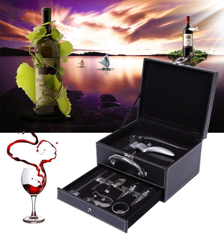 Drawer Type Leather Box Wine Set Wooden Box Packaging Rabbit-shaped Corkscrew Set - Viniamore