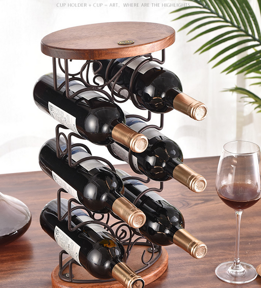 Wooden Bottom Wrought Iron Six-bottle Wine Rack Dining Table Wine Cabinet Decoration - Viniamore