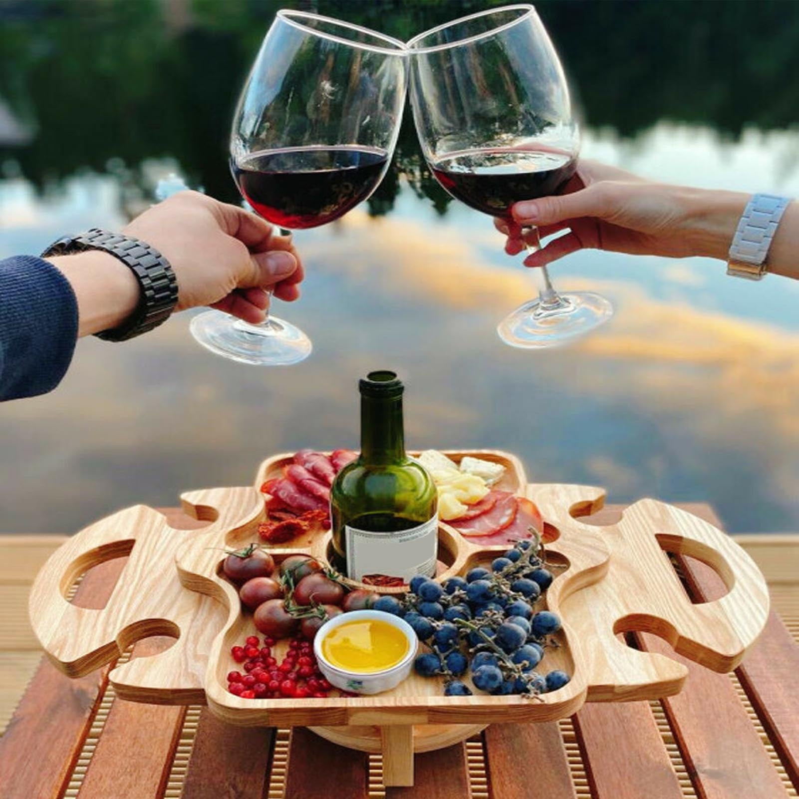 Wooden Outdoor Couple Picnic Table Wine Rack Table - Viniamore