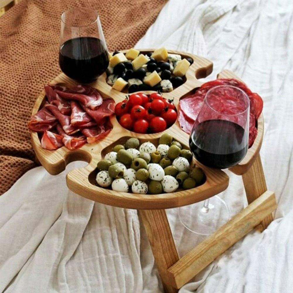 Wooden Outdoor Folding Picnic-table With Glass Holder 2 In 1 Wine Glass Rack Outdoor Wine Table Wooden Table Easy To Carry Wine - Viniamore