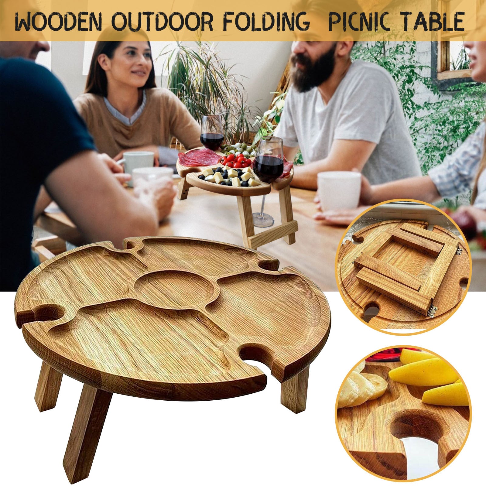 Wooden Outdoor Folding Picnic-table With Glass Holder 2 In 1 Wine Glass Rack Outdoor Wine Table Wooden Table Easy To Carry Wine - Viniamore